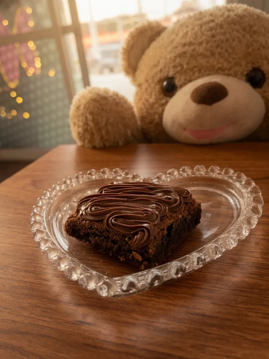 Brownie com Nutella no prato de vidro em forma de coração