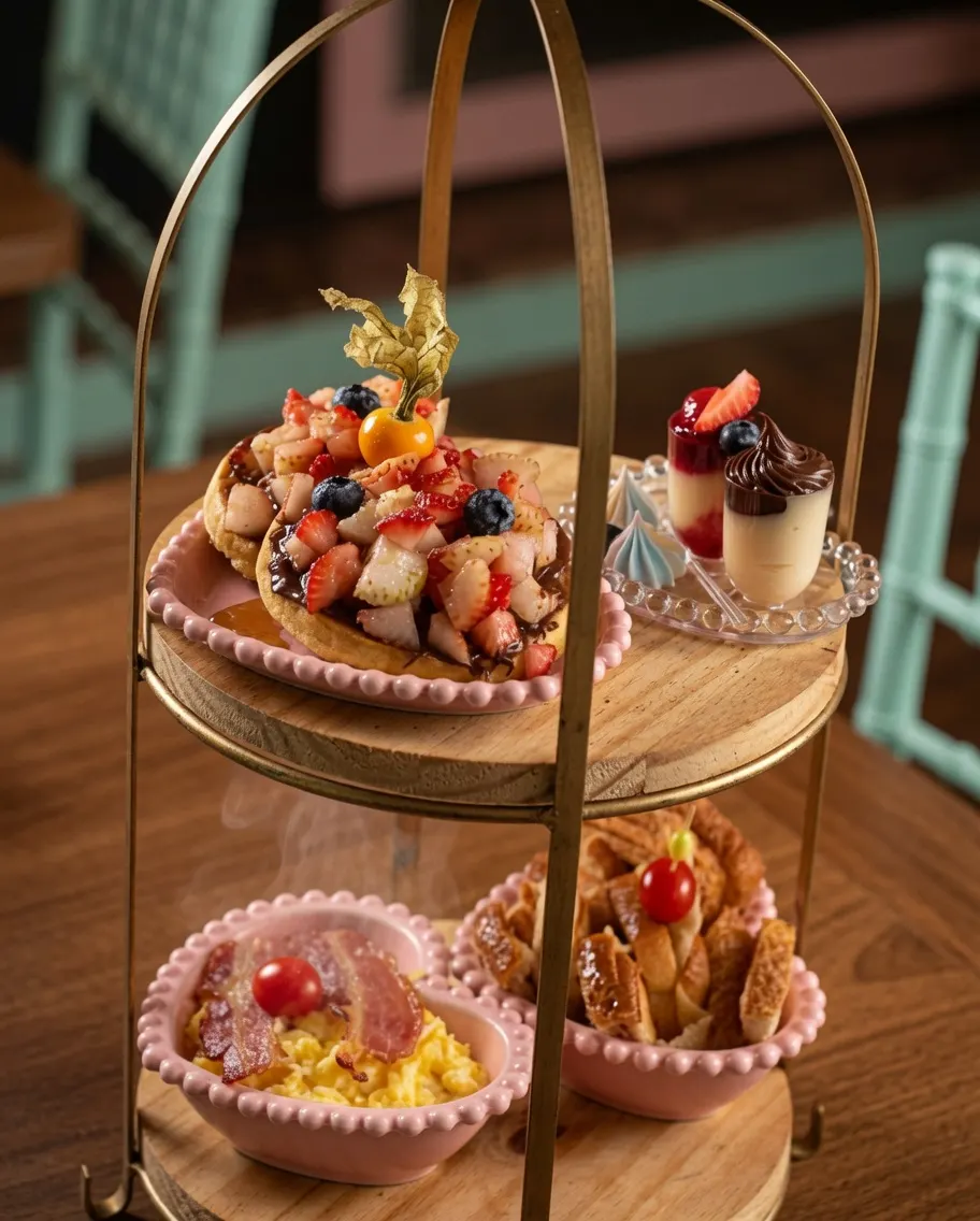 Torre dourada do Brunch Dumont com frutas, ovos e docinhos