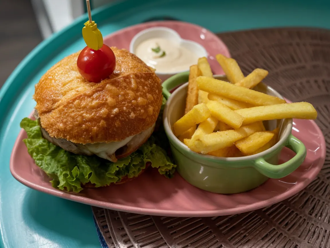 Hambúrguer com batatas fritas no prato rosa de coração